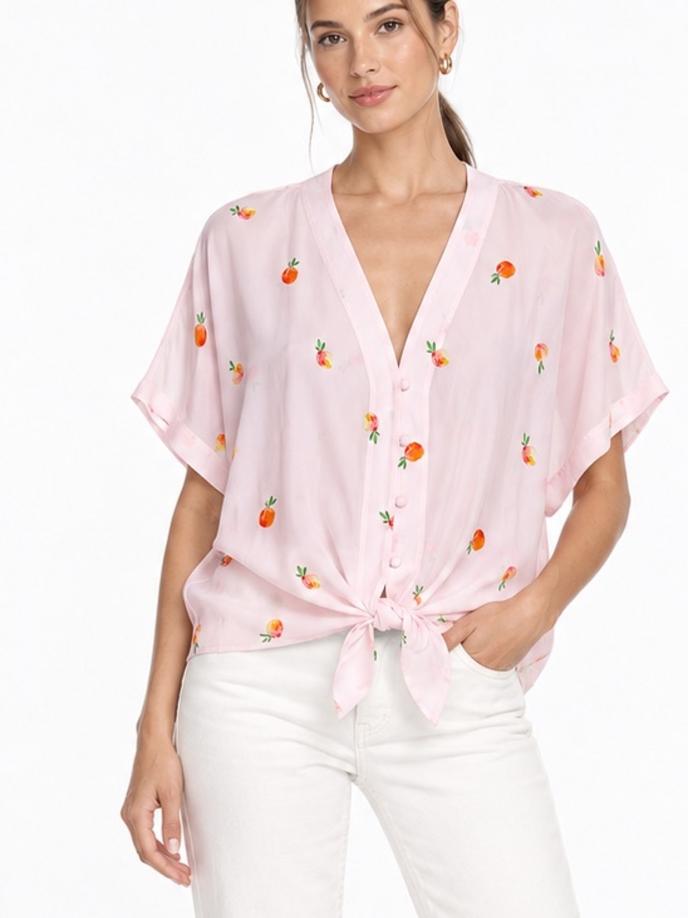 Peaches Uniforms Light Pink Button-Tie Crop Top with Orange Peach Print